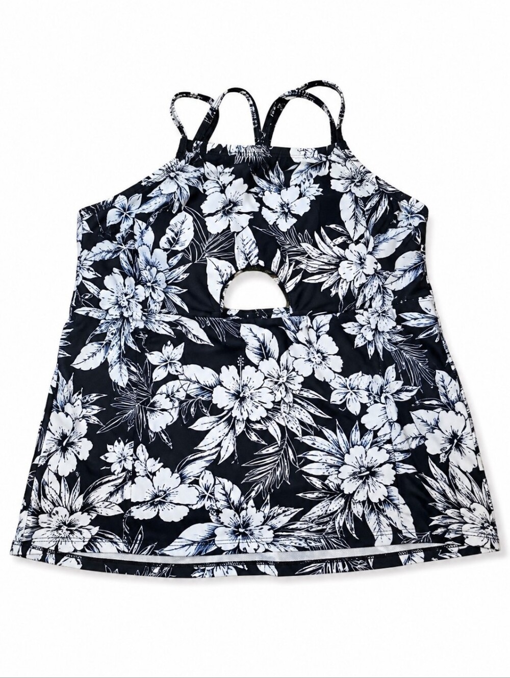 Time and Tru Black White Floral Halter Tankini Swim Top XL 16-18